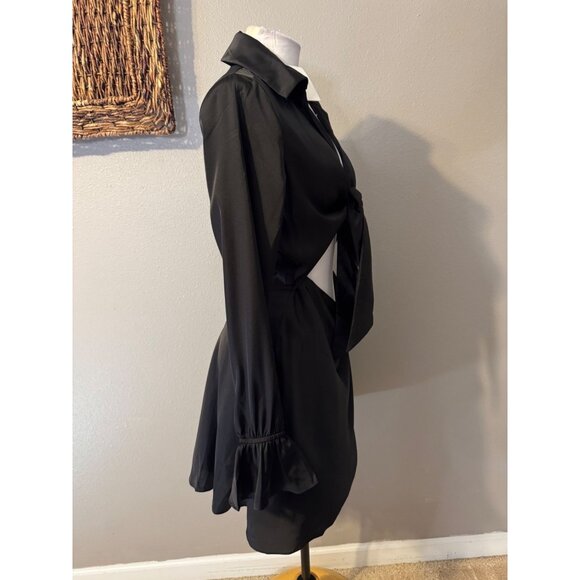 Spring & Mercer Dress L Black Long Flutter Sleeve Tie Front Cut Out NEW - Picture 8 of 16